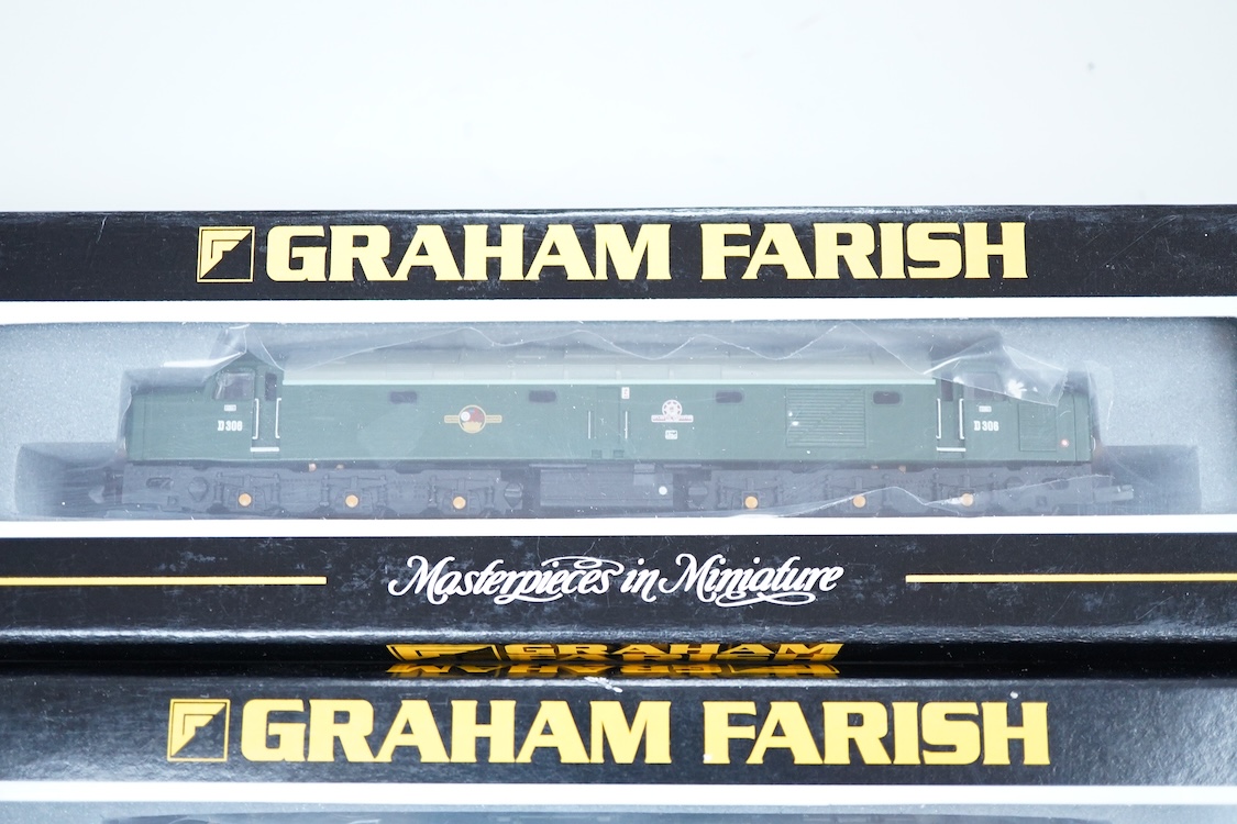 Three boxed Graham Farish N gauge railway diesel locomotives; a BR class 37/4, Ben Cruachan D6607 (371156), a BR class 40, Atlantic Conveyor D306 (371-175), and a BR class 46, Leicestershire and Derbyshire Yeomanry D163